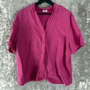 Heaven Size XL 100% Linen Hand Colored Button Up Shirt Pink Short Sleeve Women